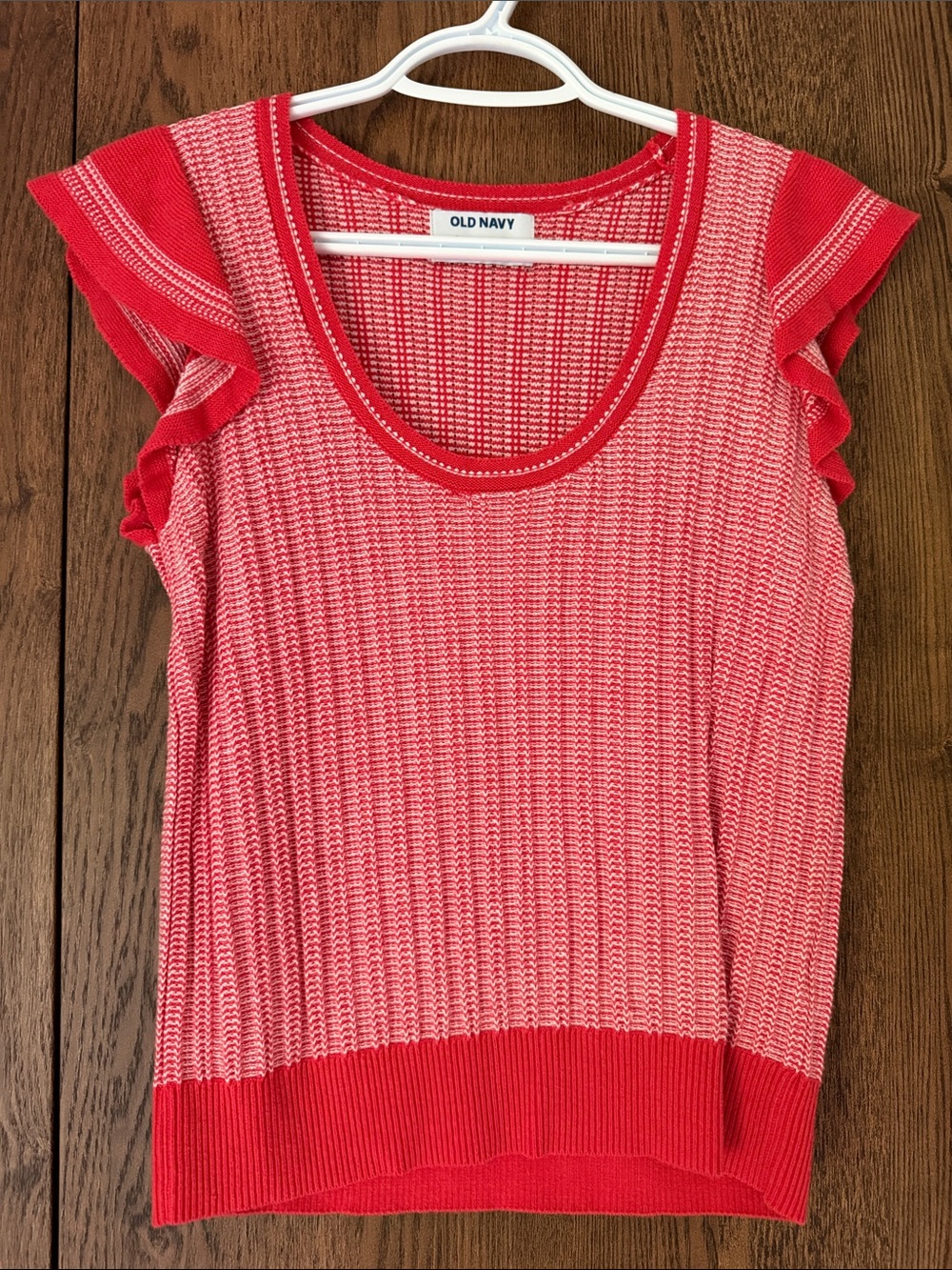 Old Navy Red and White Scoop Neck Ruffle Sleeve Sweater Top